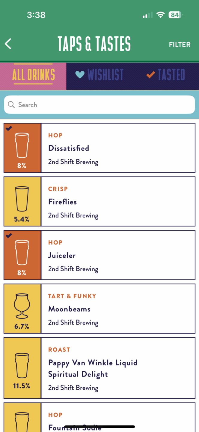 A screenshot of the all-drinks screen on the Boulevardia festival mobile app.