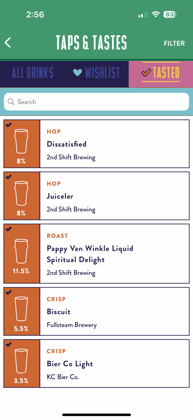 A screenshot of the beers-tasted screen on the Boulevardia festival mobile app.