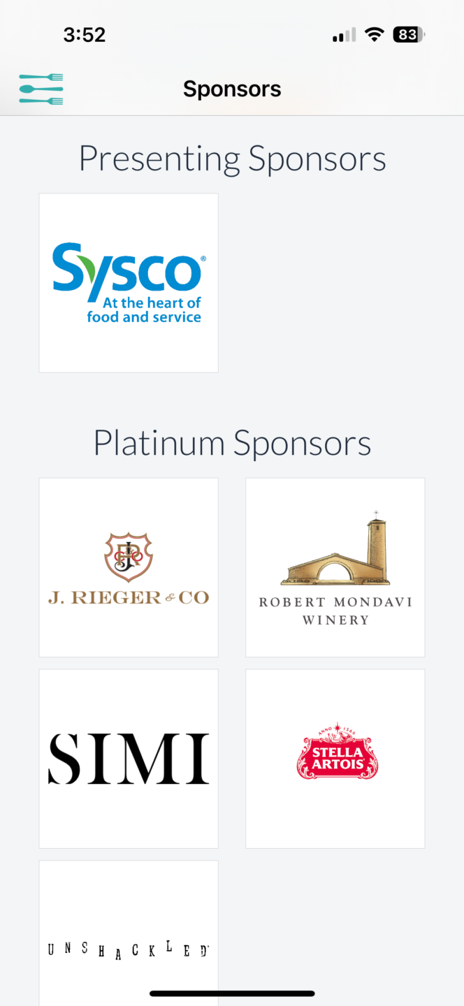 A screenshot of the sponsors screen on the Kansas City Restaurant Week mobile app.