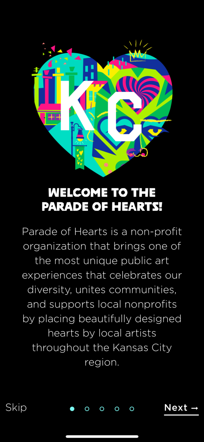 A screenshot of an introductory screen on the Parade of Hearts mobile app.
