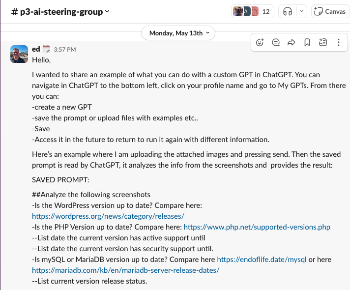 A screenshot showing a conversation in the P3 AI Steering Committee Slack chat. 