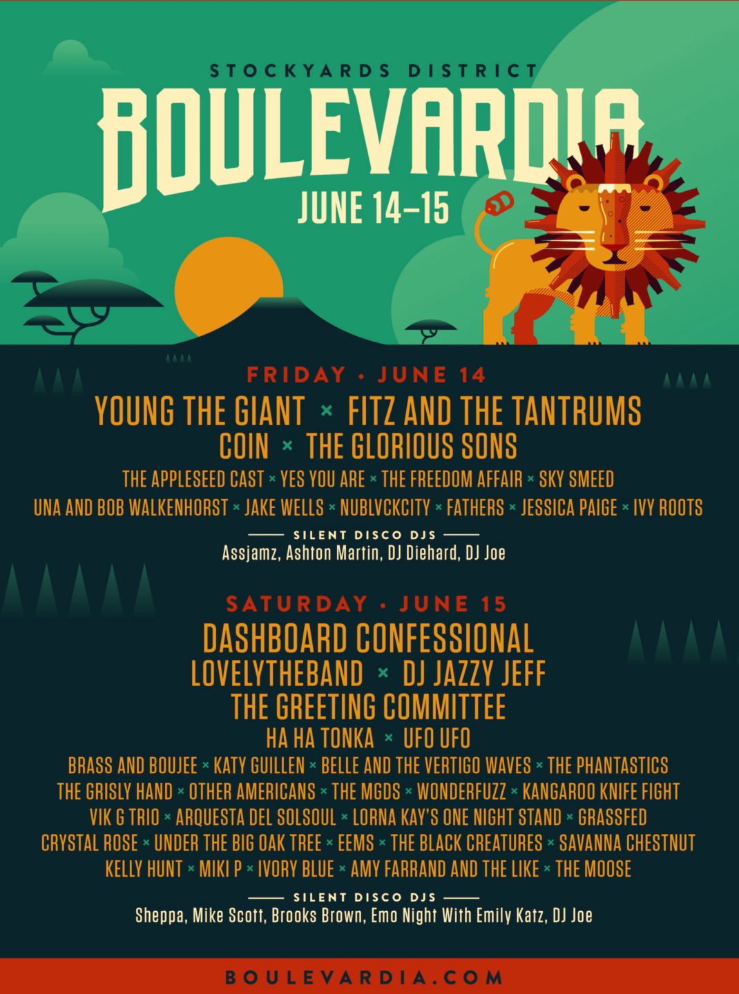 Gallery of Boulevardia lineup posters by year, showcasing the festival's evolution from 2014 to 2024. Each poster reflects the unique visual and artistic theme of the respective year, featuring a diverse range of musical acts, including local talent and national headliners. 