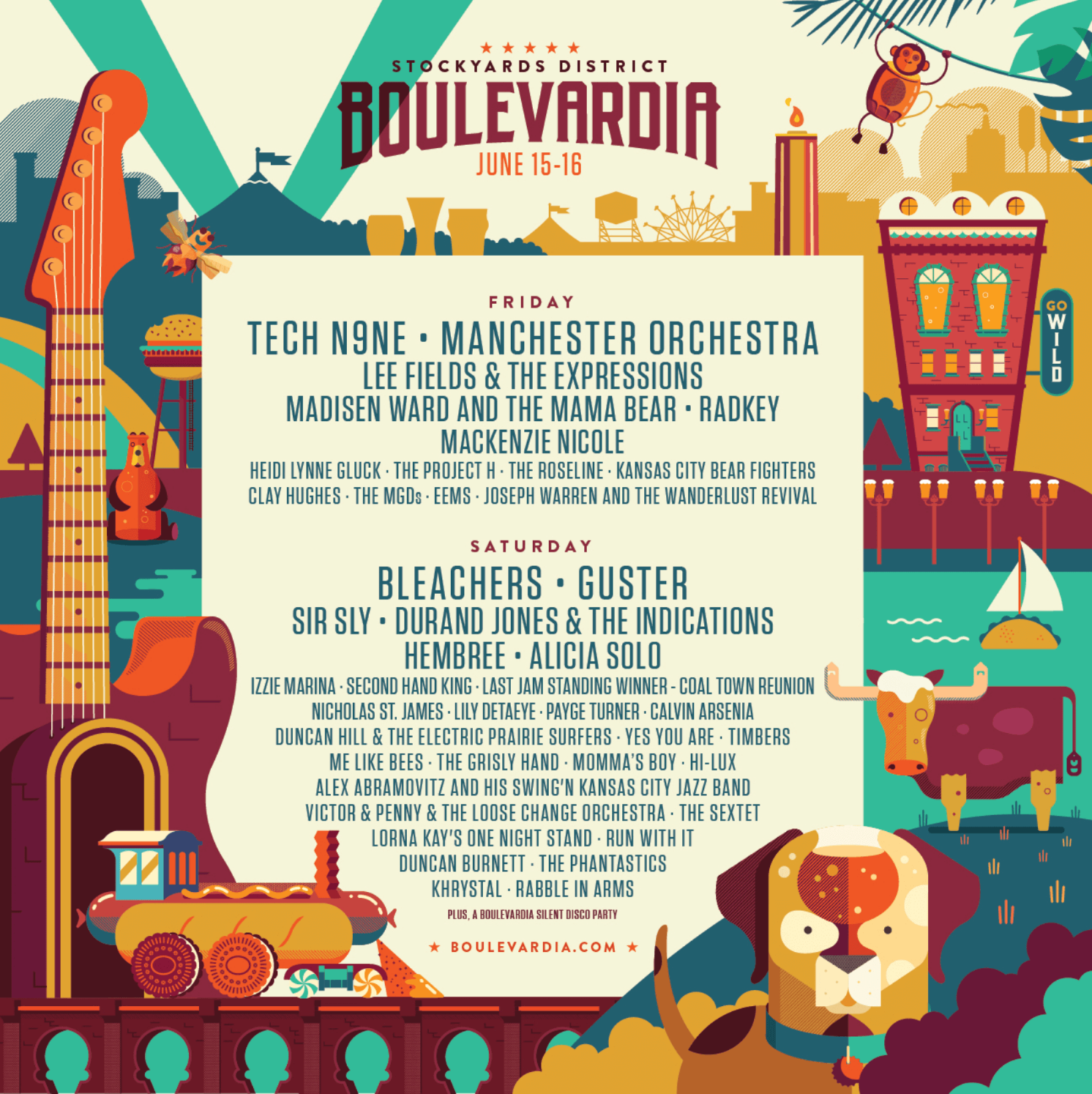 Gallery of Boulevardia lineup posters by year, showcasing the festival's evolution from 2014 to 2024. Each poster reflects the unique visual and artistic theme of the respective year, featuring a diverse range of musical acts, including local talent and national headliners. 