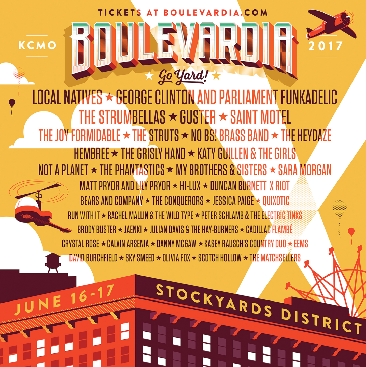 Gallery of Boulevardia lineup posters by year, showcasing the festival's evolution from 2014 to 2024. Each poster reflects the unique visual and artistic theme of the respective year, featuring a diverse range of musical acts, including local talent and national headliners. 