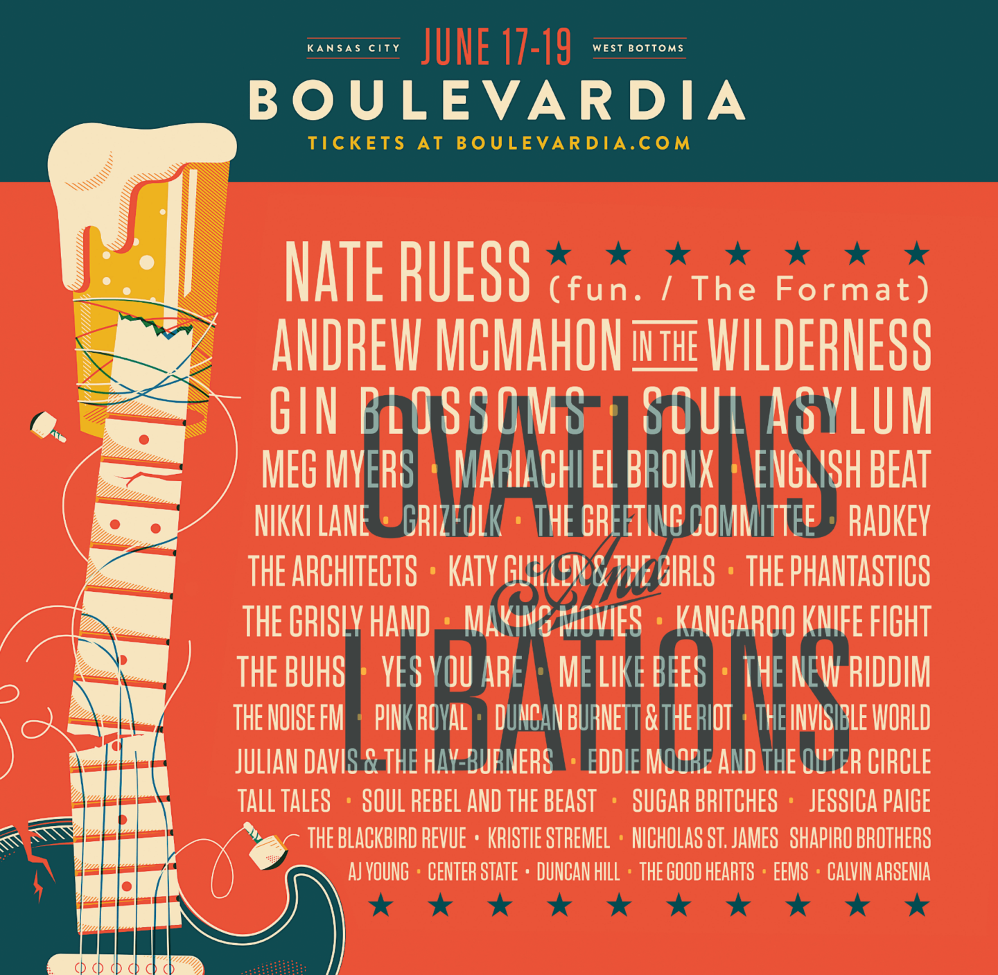 Gallery of Boulevardia lineup posters by year, showcasing the festival's evolution from 2014 to 2024. Each poster reflects the unique visual and artistic theme of the respective year, featuring a diverse range of musical acts, including local talent and national headliners. 