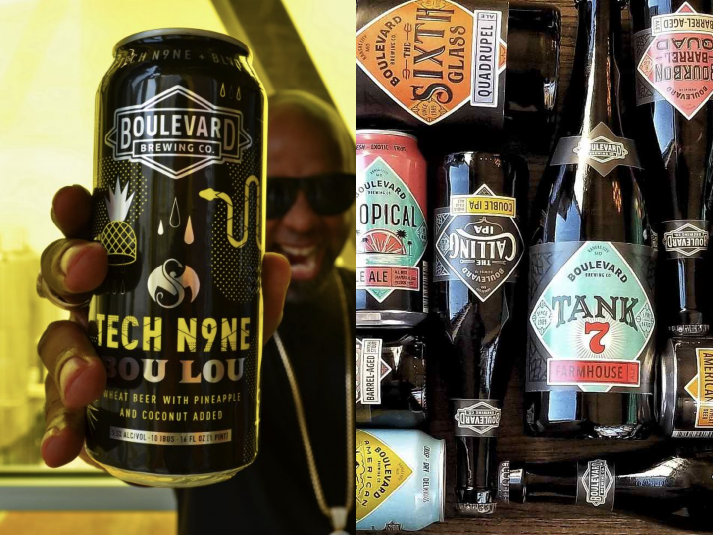 A showcase of Boulevard Brewing Company's iconic beers. On the left, Tech N9ne holds Bou Lou, a wheat beer with pineapple and coconut, created in collaboration with him. The right side displays a selection of Boulevard’s award winning beers.