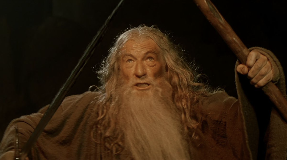 A still frame of Gandalf from the Lord of the Rings movies.