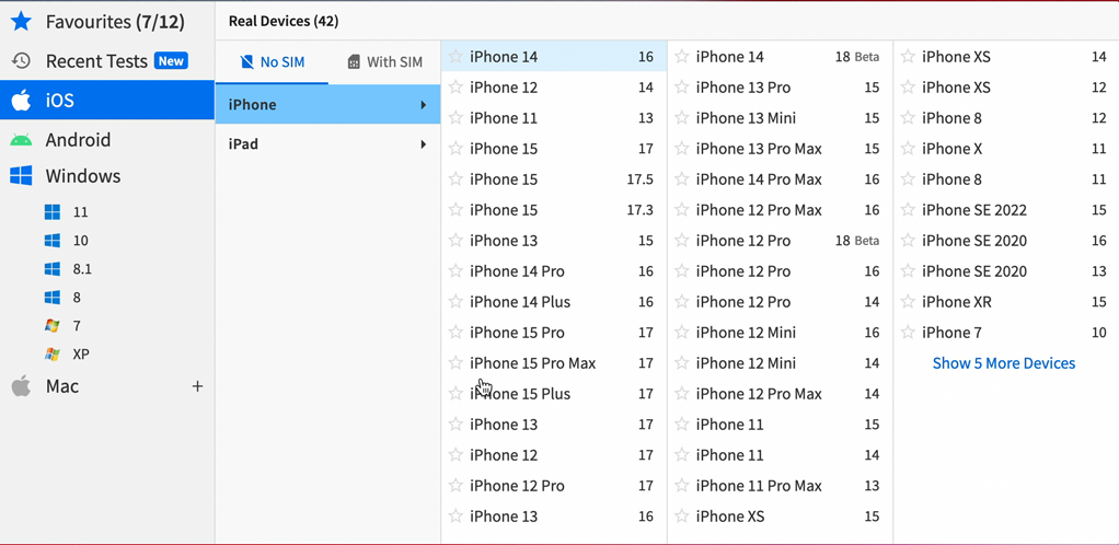 BrowserStack interface showing the various smartphones available for testing on. Currently showing a range from iPhone 14 to iPhone 7.