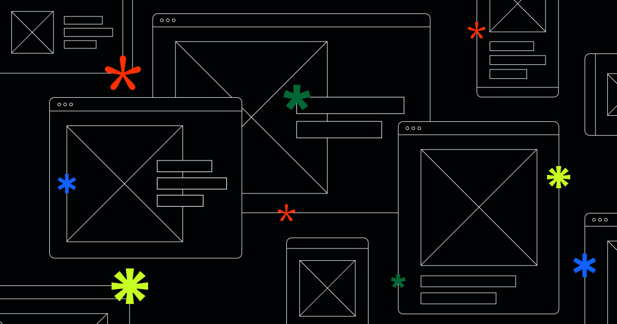 A black background with simple wireframe elements which resemble different browsers and devices.