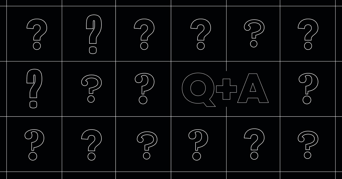 White outlines of question marks on a black background with the letters Q+A in large font.