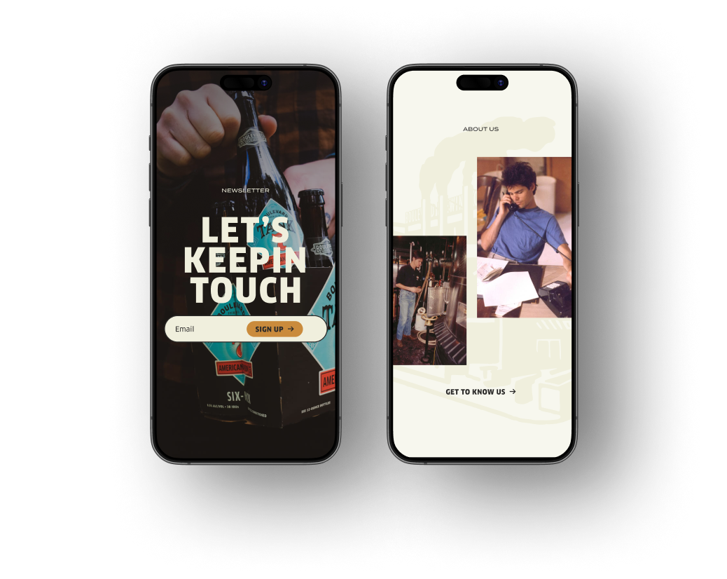 Two mobile phones, one displaying the Boulevard Brewing website's newsletter signup page, and another showing its redesigned homepage.