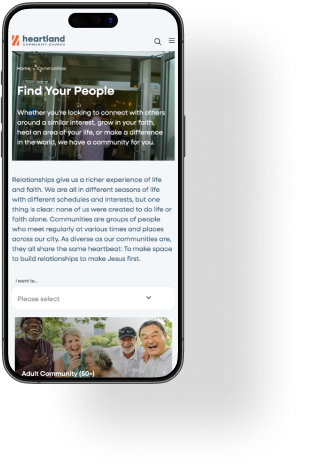 A mockup showing Heartland Community Church's new website on a mobile device..