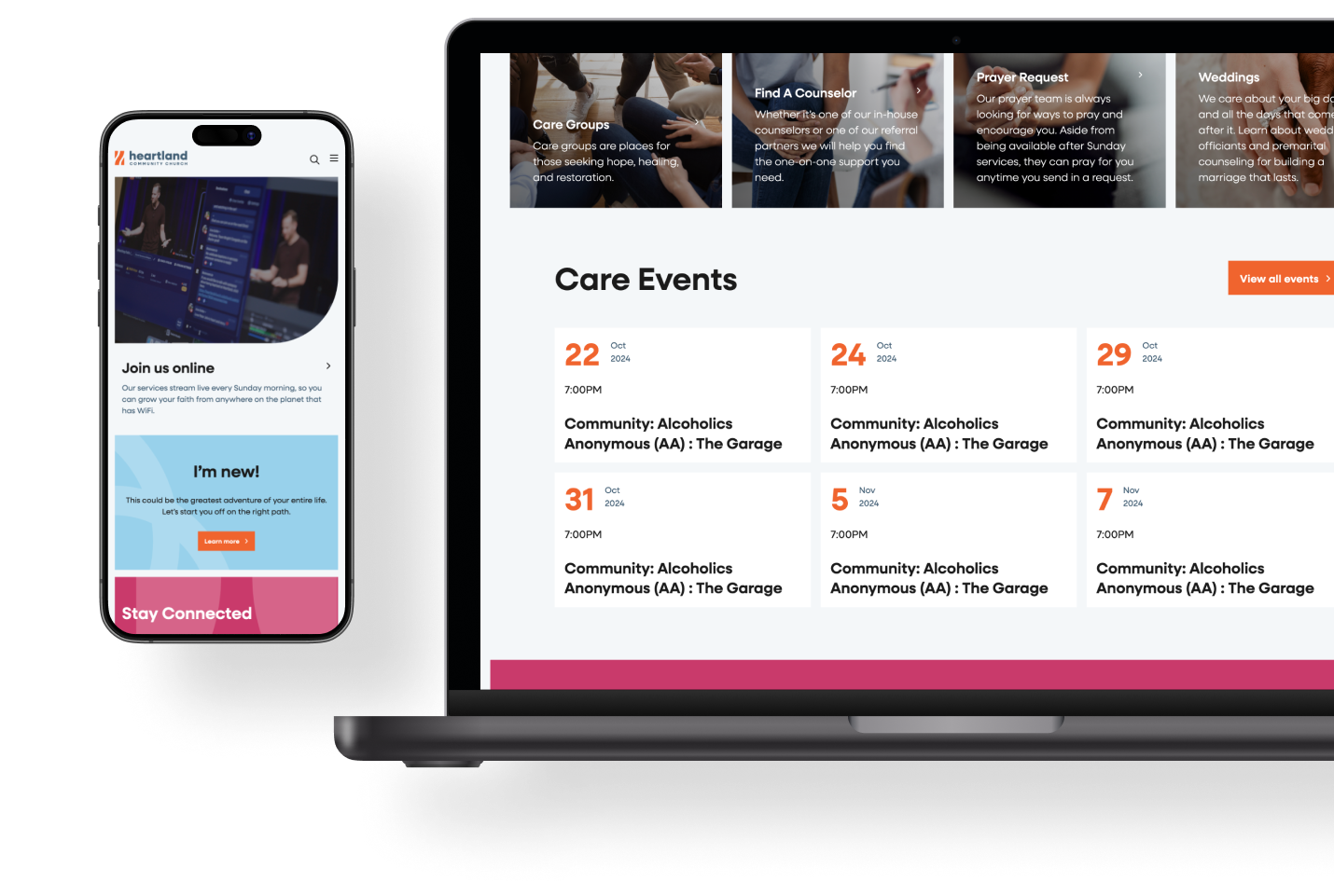 A mockup of a mobile phone and a laptop showcasing Heartland Community Church's website features, like the event calendar and sermon livestream.