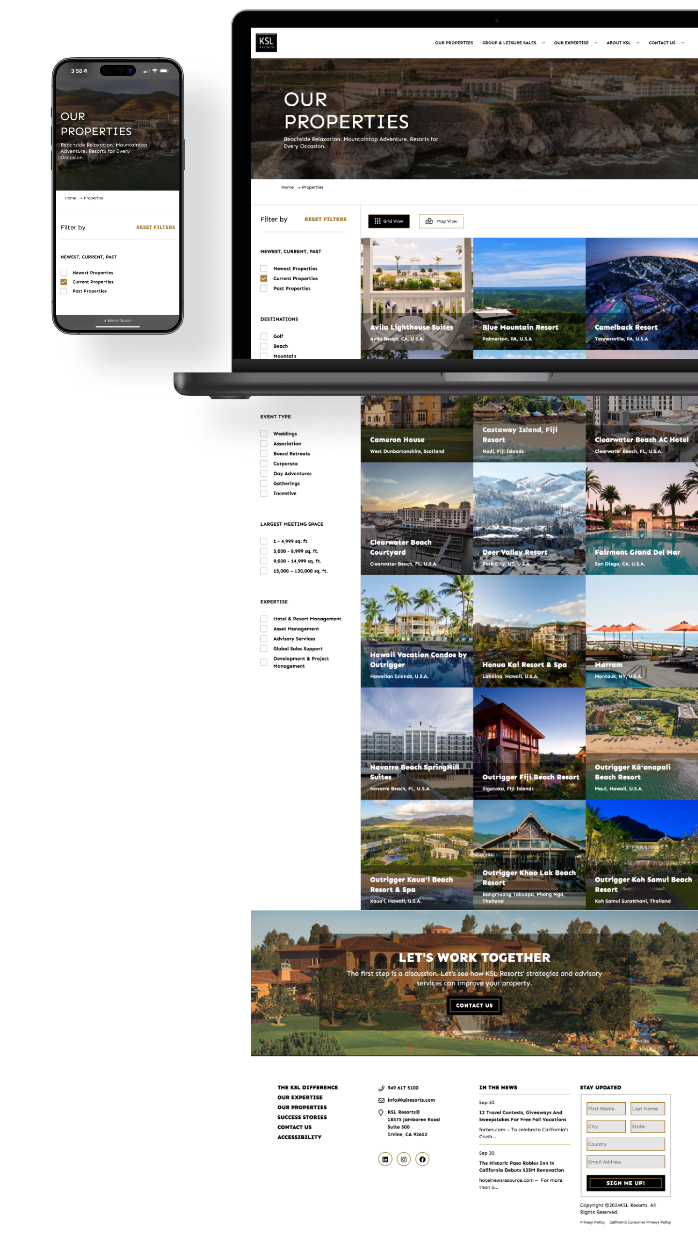 On the left, a mobile phone with KSL Resorts' "Our Properties" page opened. On the right, the same page opened on a laptop computer, the webpage extending down past the bottom margins of the laptop and showcasing the full list of KSL's properties from the webpage.