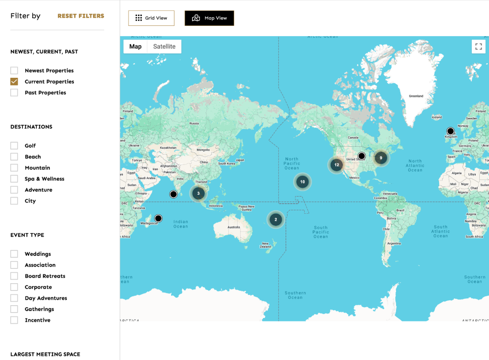 A screenshot of KSL Resorts' interactive properties map.