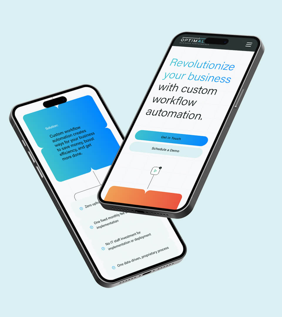 Two mobile phones floating on a light blue background, displaying pages from Propaganda3's redesigned WordPress website for Optimally Business Performance.