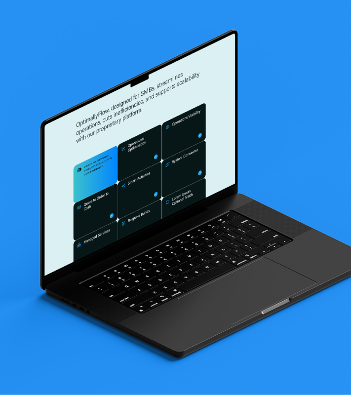 A laptop on a vibrant blue background, displaying pages from Propaganda3's redesigned WordPress website for Optimally Business Performance.