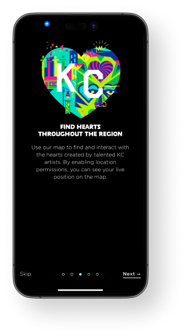 A phone showing an instructional welcome screen in the Parade of Hearts mobile app.