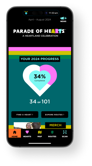 A mobile device, showing the homepage of the Parade of Hearts mobile app, tracking a user's progress toward scanning all hearts. The Heart shows 21% complete, with 21 of 101 hearts scanned.