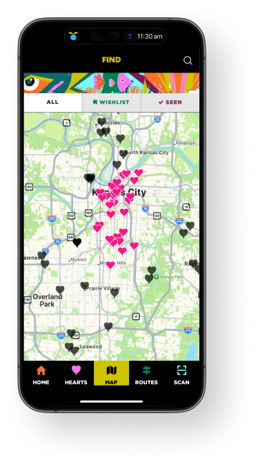 A mobile phone showing the Kansas City map interface from the Parade of Hearts mobile app.