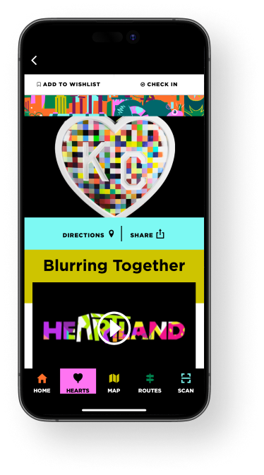 A mobile phone showing the detail page of an individual heart in the Parade of Hearts mobile app.