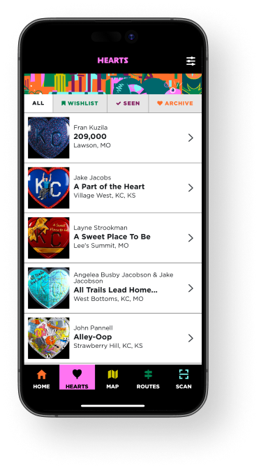 A phone showing the list of hearts available in the Parade of Hearts mobile app.