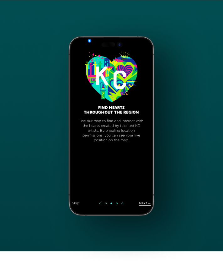 A mobile phone showing the Parade of Hearts Mobile App homescreen set on a dark green background.