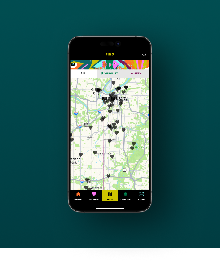 A mobile phone showing the Kansas City map interface from the Parade of Hearts mobile app.