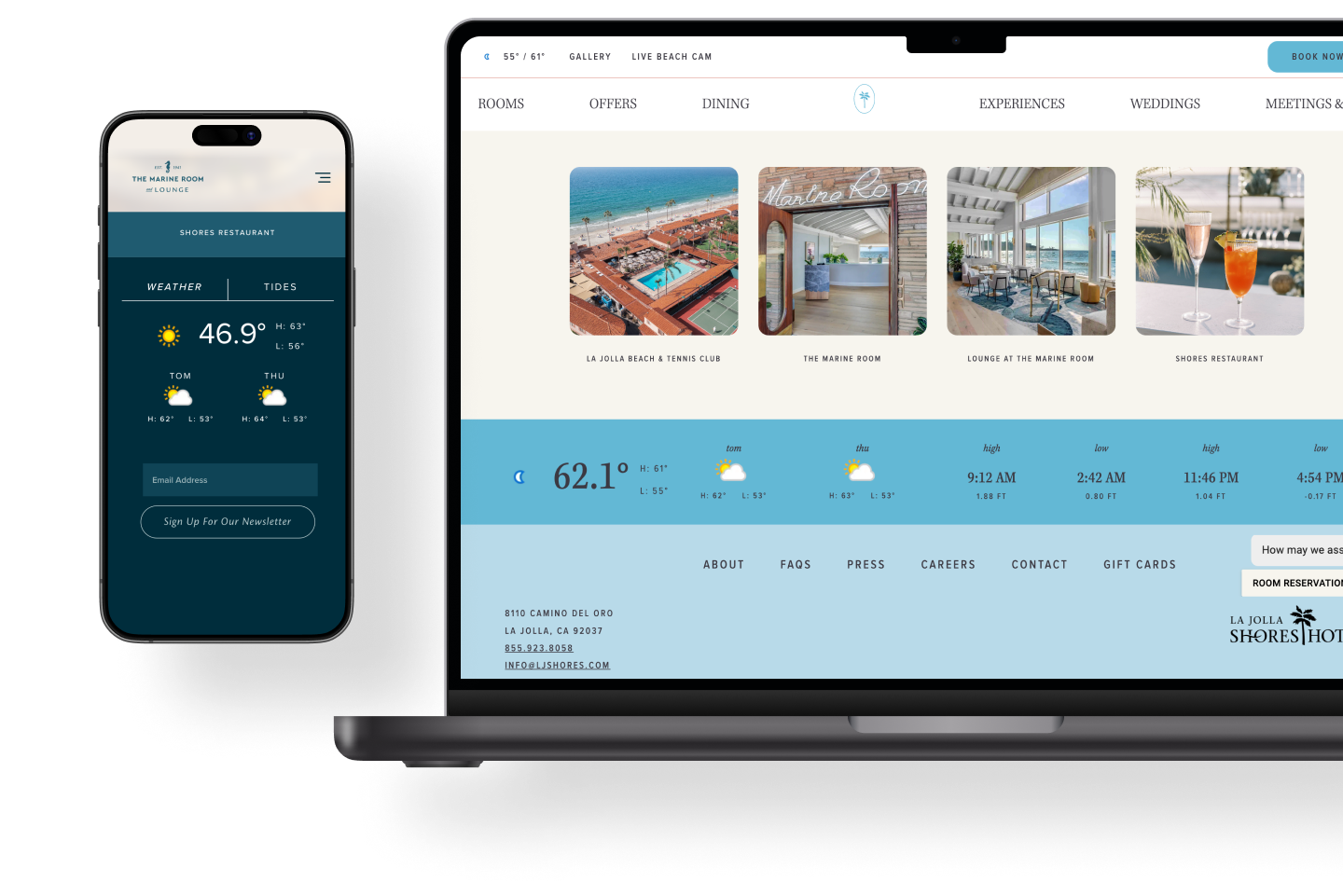 A mobile phone and a laptop, both showing various pages from The Marine Room Lounge, and La Jolla Shores Hotel's offerings.