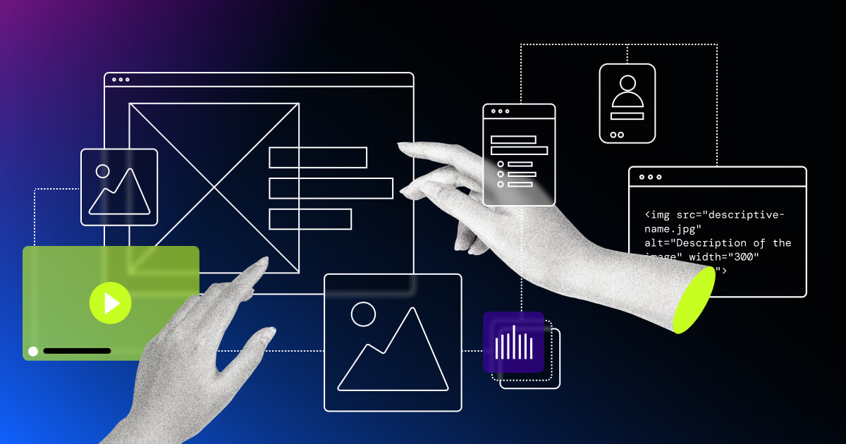 Illustration of website wireframes, with artistic illustrations of hands floating in between