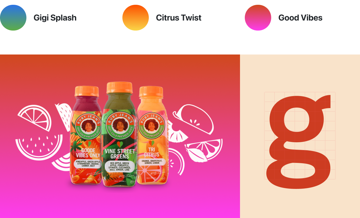 Graphic showing the Ruby Jean's digital design system, including gradient color swatches, typography, and product usage
