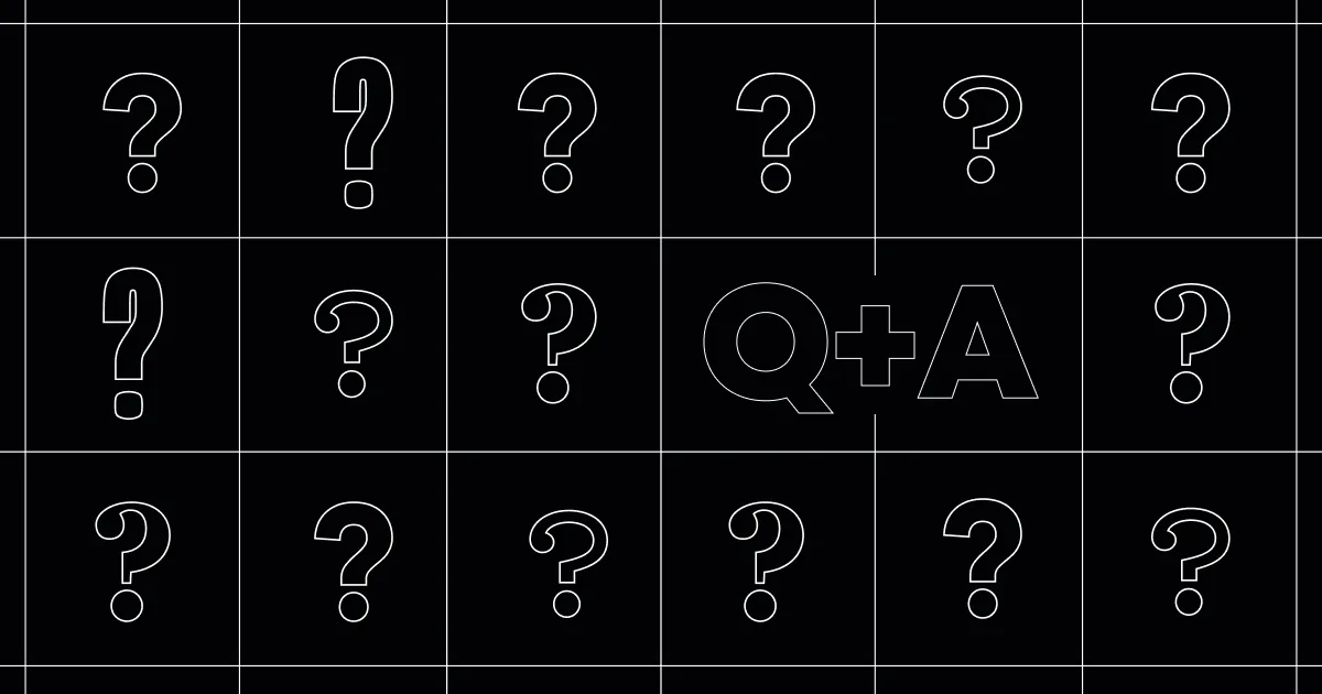 Black graphic with various question marks and "Q+A" outlined in white.