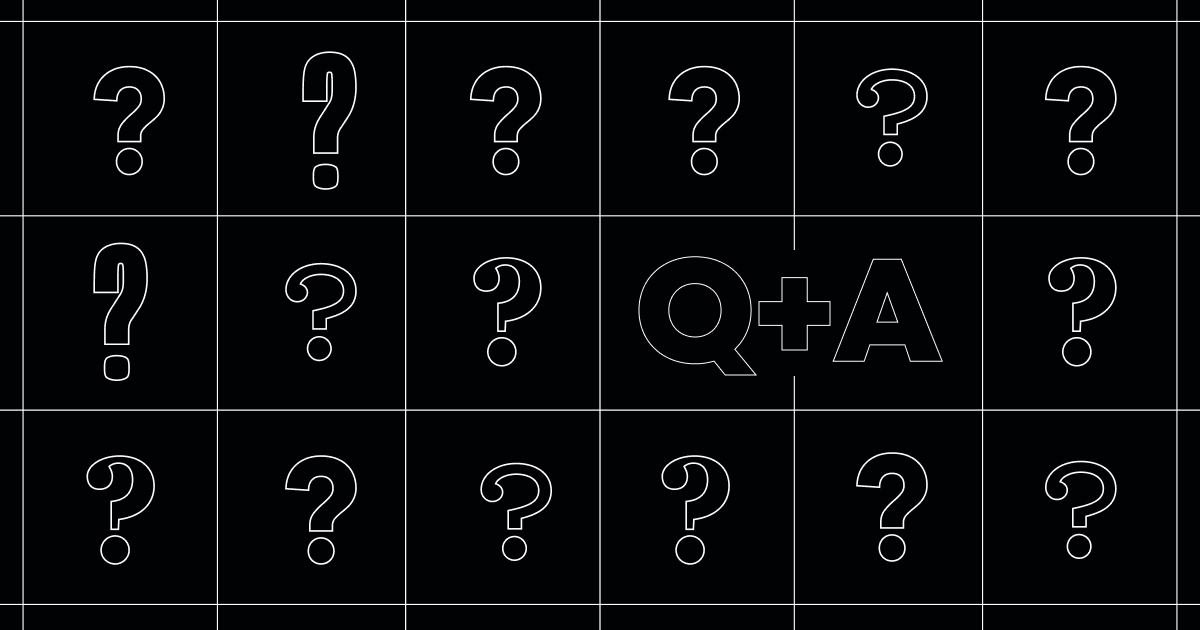 Black graphic with various question marks and "Q+A" outlined in white.