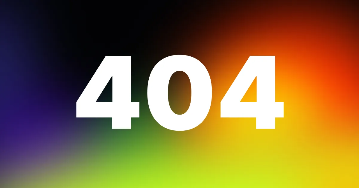 Large number 404 on a rainbow gradient background