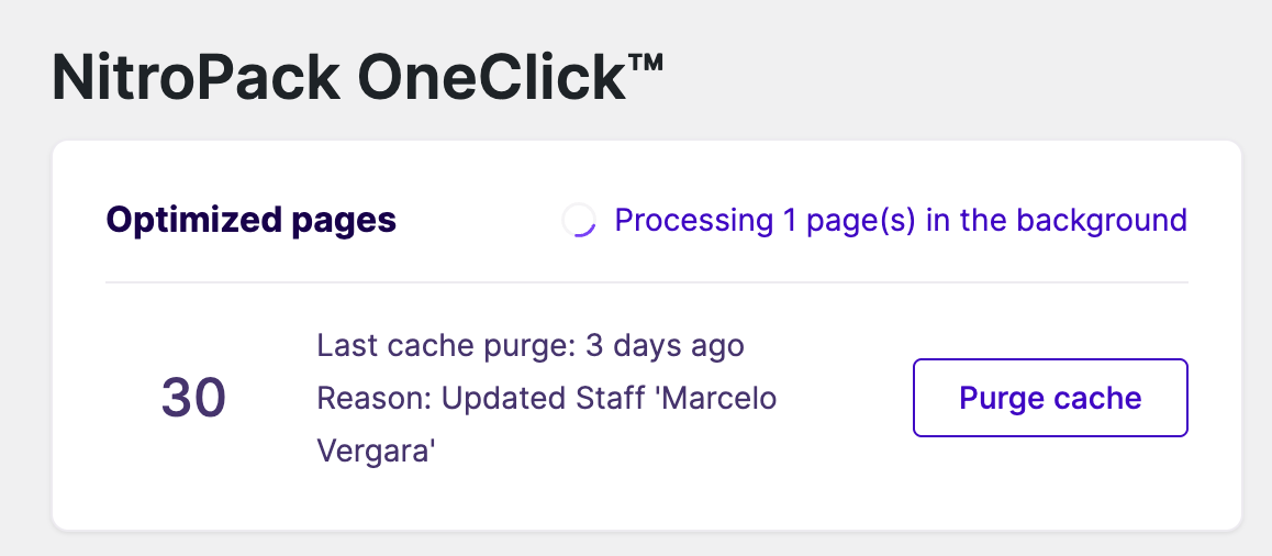 Screenshot of NitroPack cache purge screen