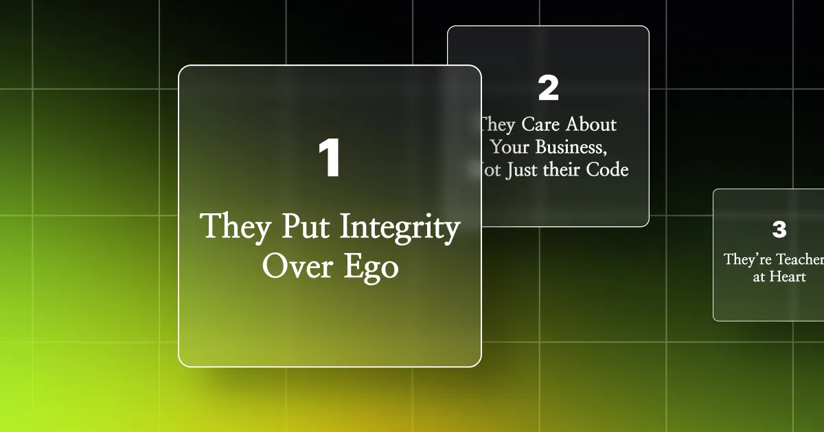 Three cards showing developer values: Integrity Over Ego, Care Beyond Code, and Teaching at Heart.