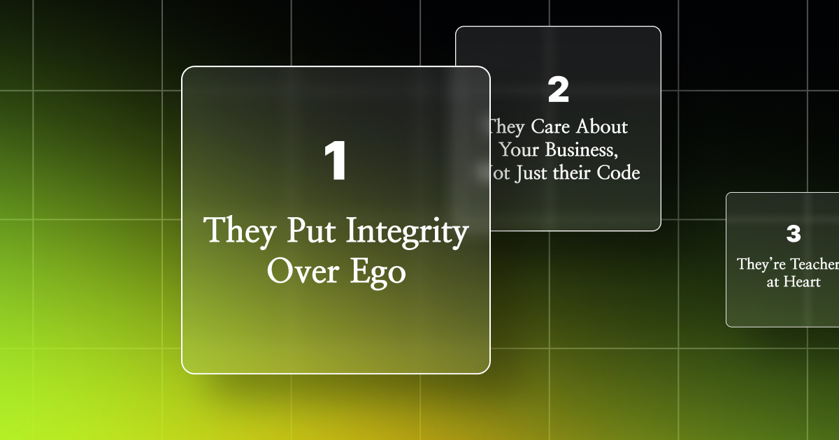 Three cards showing developer values: Integrity Over Ego, Care Beyond Code, and Teaching at Heart.